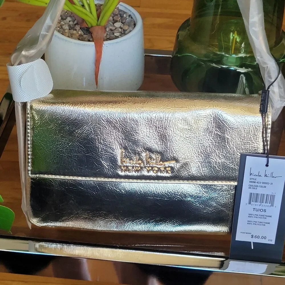 Nicole Miller Metallic Gold Vegan Leather Handbag Purse Shoulder Bag NWT $60 NEW - Picture 8 of 16